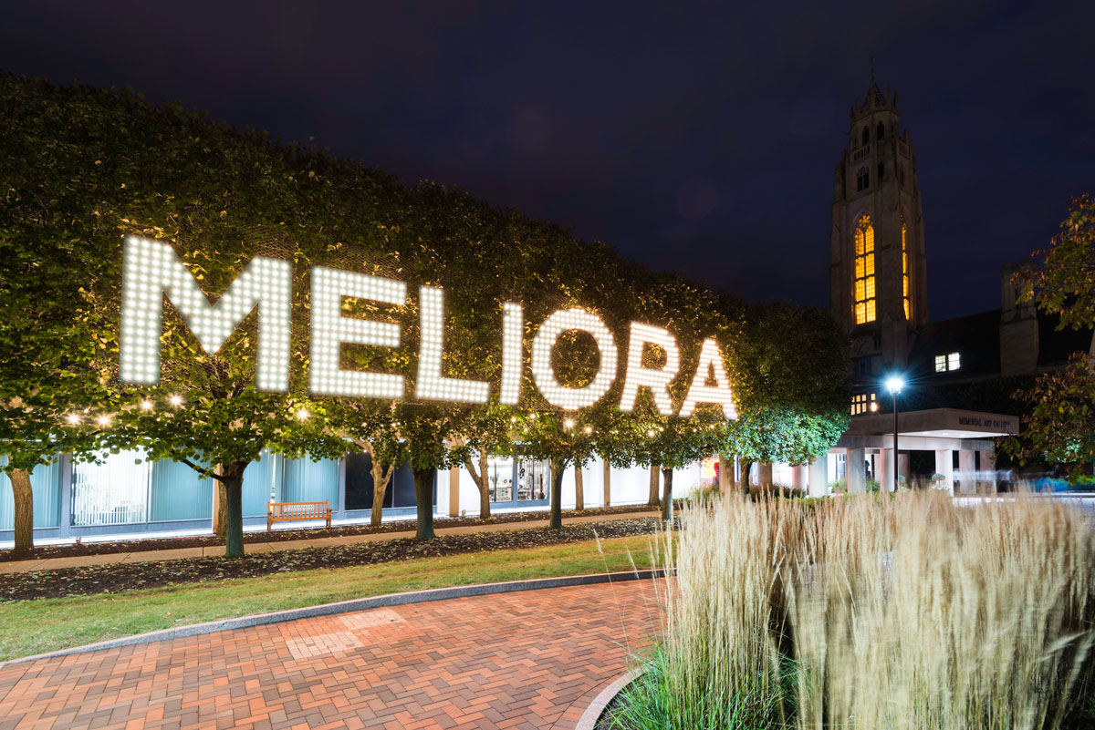 Repeated pattern of "melora" displayed in an artistic format at the University of Rochester's Memorial Art Gallery.